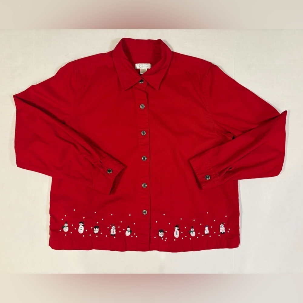 Christopher & Banks red long sleeve button down Christmas Snowman shirt jacket L